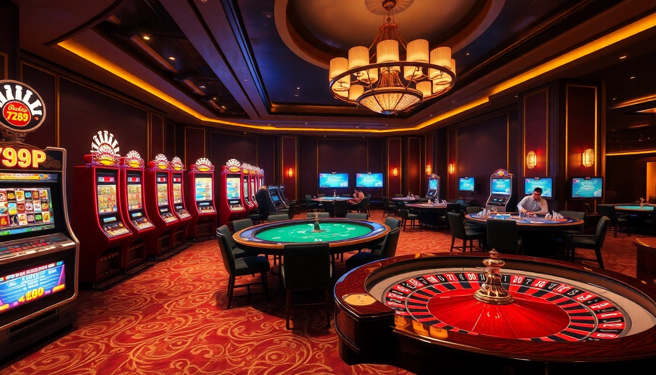 Experience thrilling gaming at 789P, featuring vibrant slots and elegant poker tables in a luxurious casino setting.