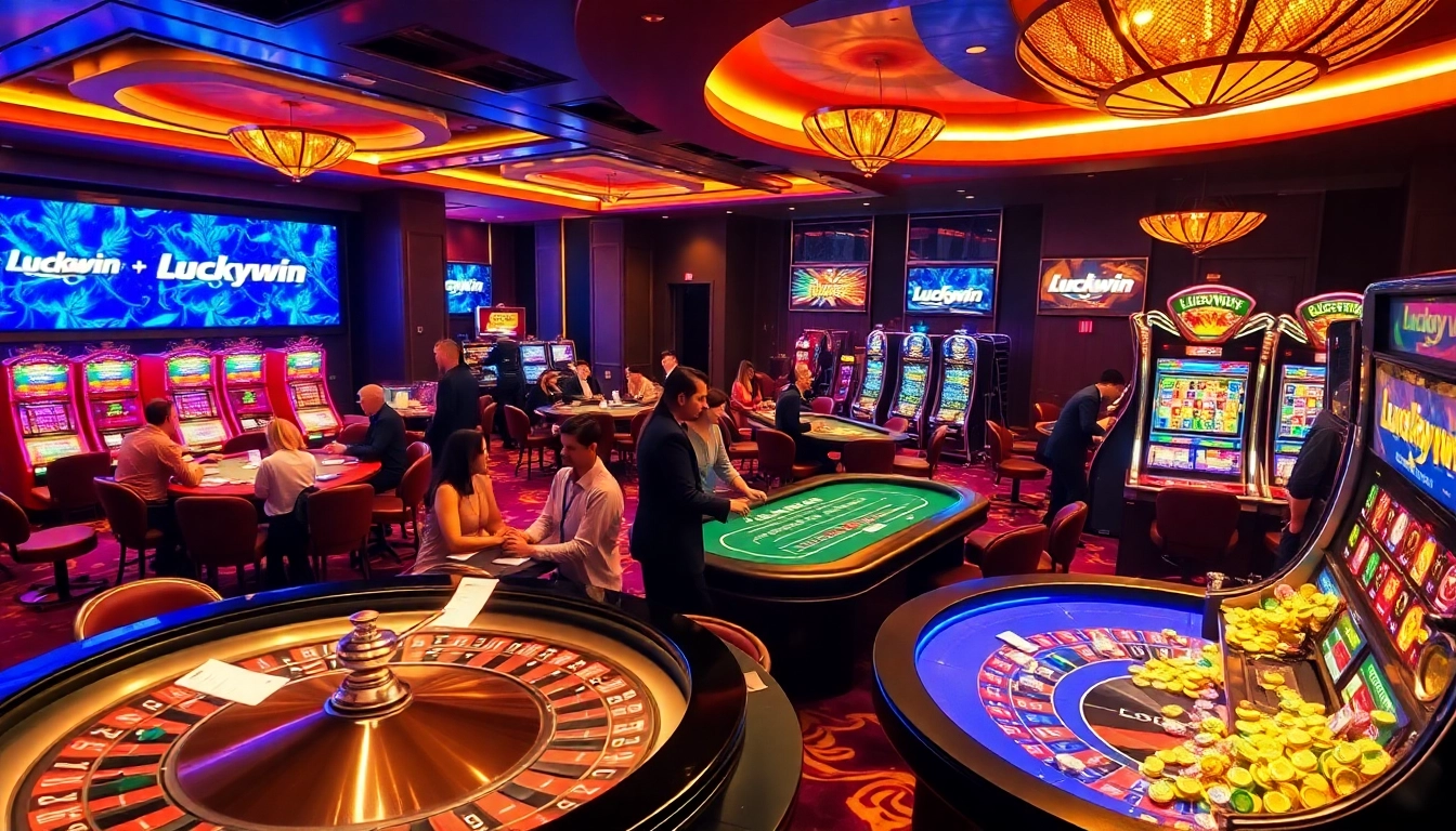 Experience the excitement of Luckywin casino with vibrant players at the tables and dynamic gaming visuals.