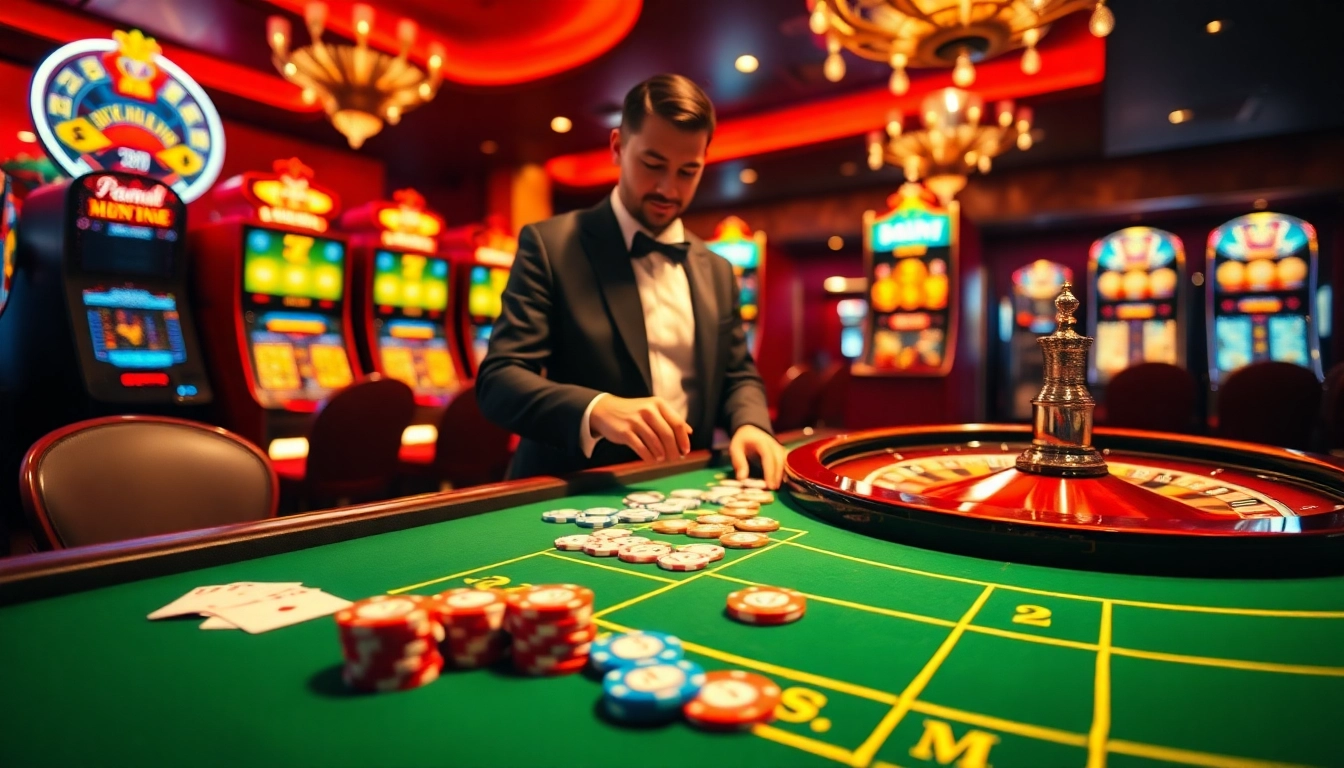 Experience the excitement of a vibrant casino scene showcasing new88bet with poker chips and roulette wheels.