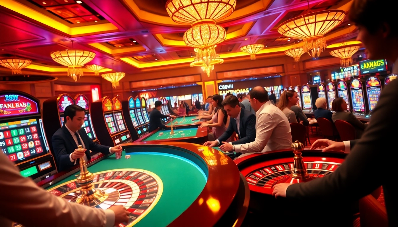 Engaged players enjoying games at 888VI Casino, showcasing vibrant poker chips and roulette wheels.