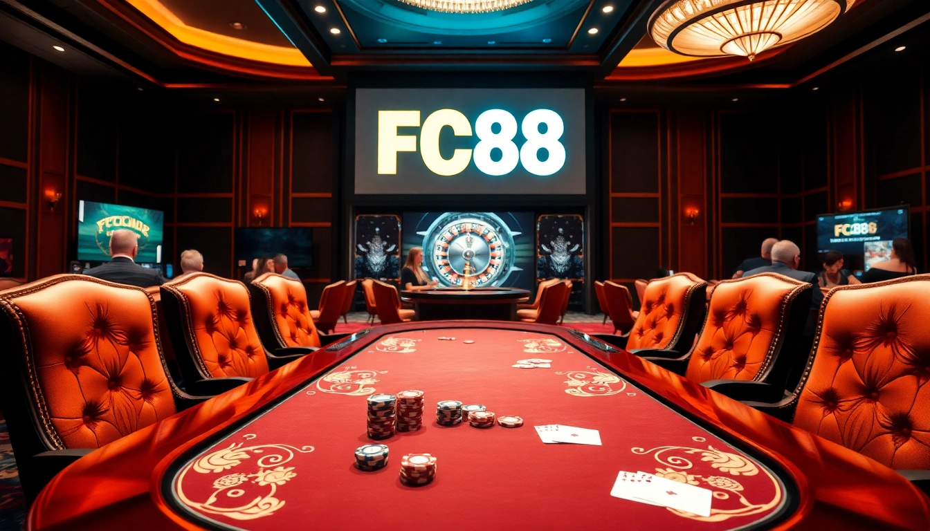 Experience high-stakes action at FC88's luxurious casino with poker tables and roulette wheels.