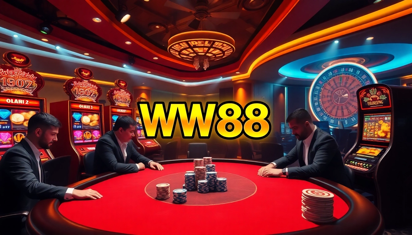 WW88 poker players engaging in an exciting game at a luxurious casino table.