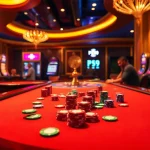 Experience the excitement of PS99 at a luxurious poker table with vibrant chips and players.