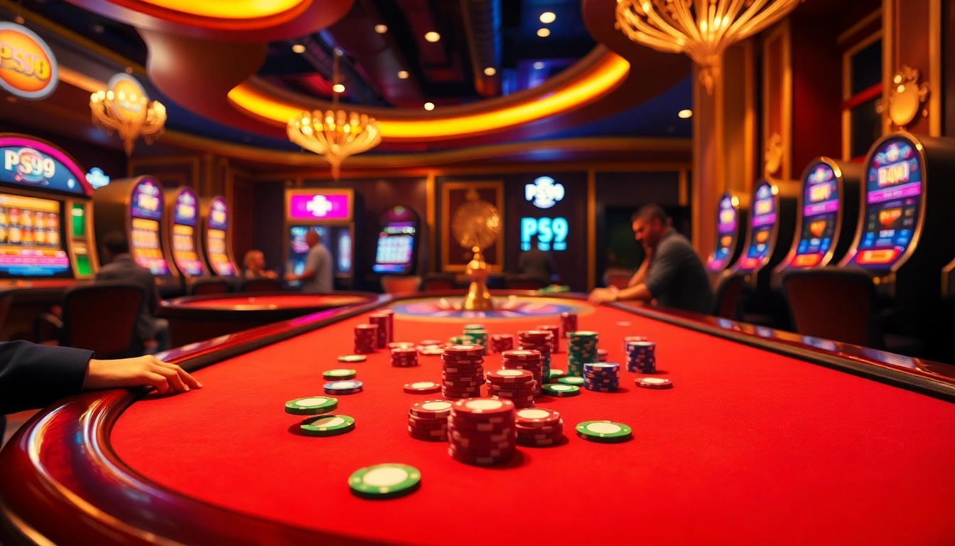 Experience the excitement of PS99 at a luxurious poker table with vibrant chips and players.