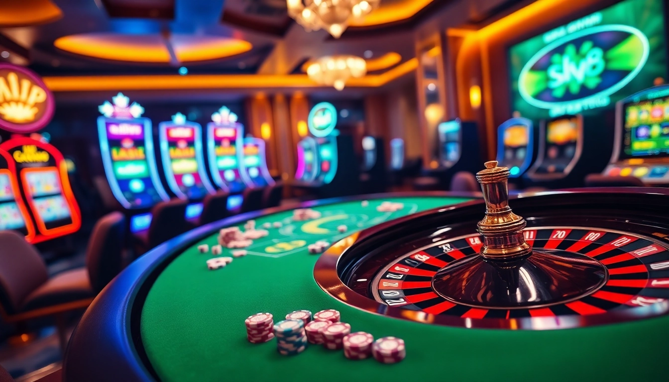 Experience the thrill of sky88 with exciting casino tables and vibrant gaming elements.