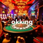 Players enjoying a high-stakes poker game surrounded by a vibrant casino atmosphere featuring okking branding.