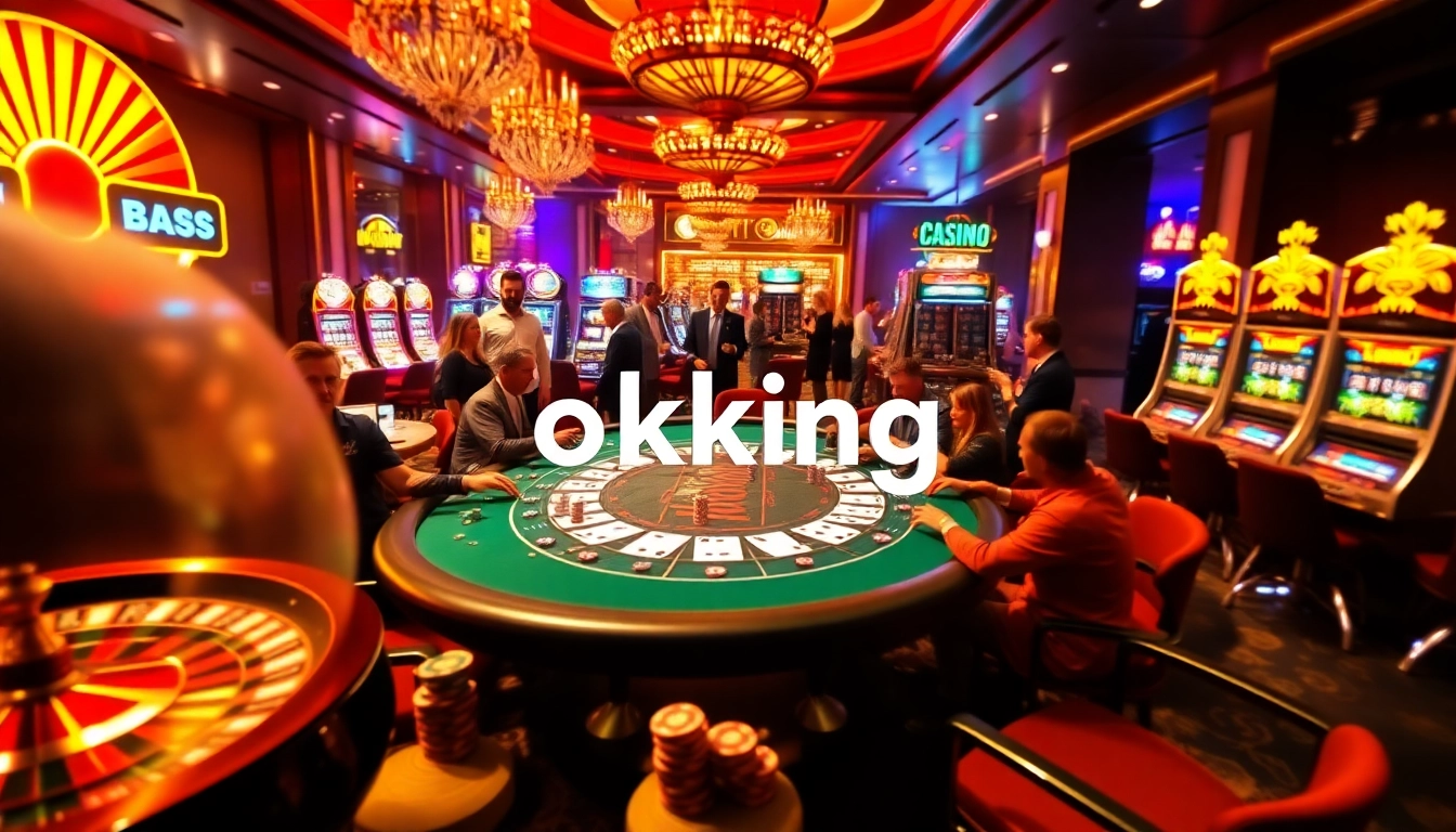 Players enjoying a high-stakes poker game surrounded by a vibrant casino atmosphere featuring okking branding.