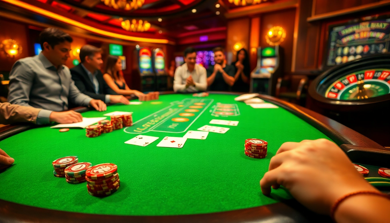 Players engaging at a luxurious poker table in luck8 casino atmosphere.
