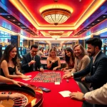 Experience the thrill of gambling at SKY88 with a luxurious casino atmosphere featuring vibrant tables and eager players.