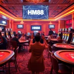 Players enjoying the excitement of casino games at HM88 with vibrant poker tables and slot machines.