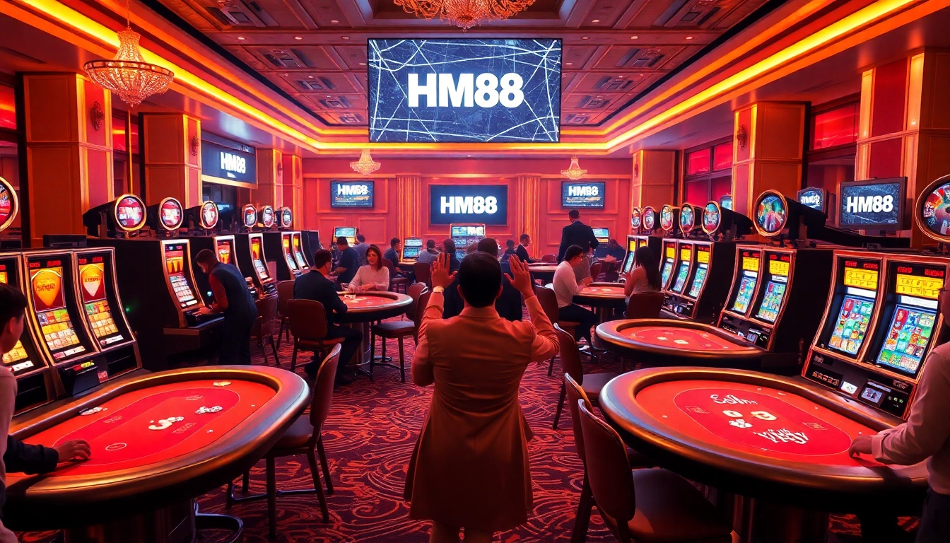 Players enjoying the excitement of casino games at HM88 with vibrant poker tables and slot machines.
