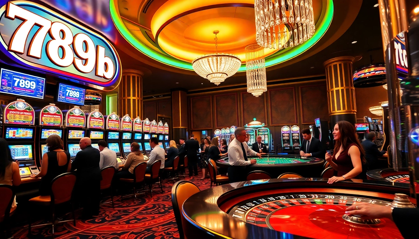 Gamblers enjoying the excitement of casino games at 789b slot machines and roulette tables.