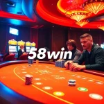Experience the thrill of gambling at 58win with vibrant slot machines and an elegant poker table.