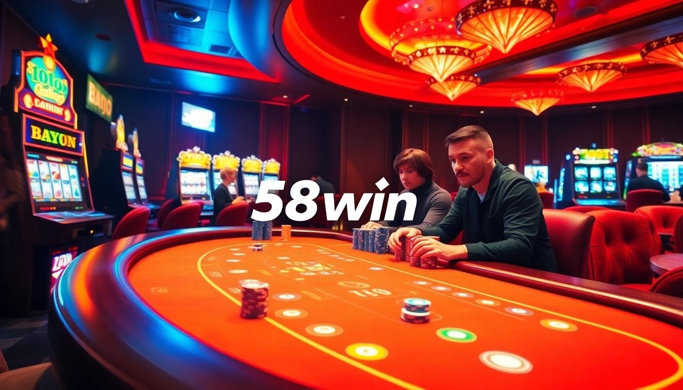 Experience the thrill of gambling at 58win with vibrant slot machines and an elegant poker table.