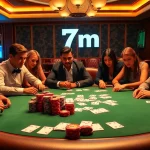 Exciting poker action at a casino table with 7m-themed décor and vibrant chips.
