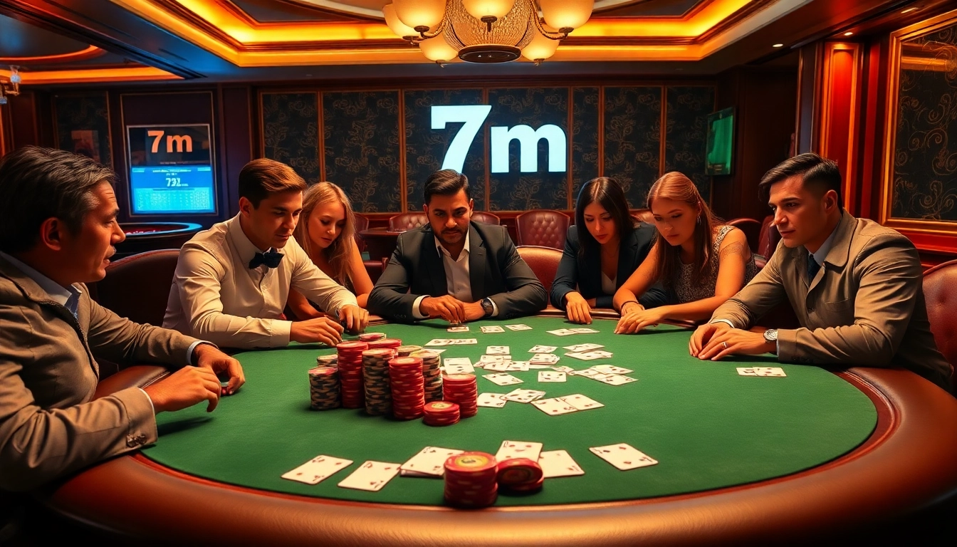 Exciting poker action at a casino table with 7m-themed décor and vibrant chips.