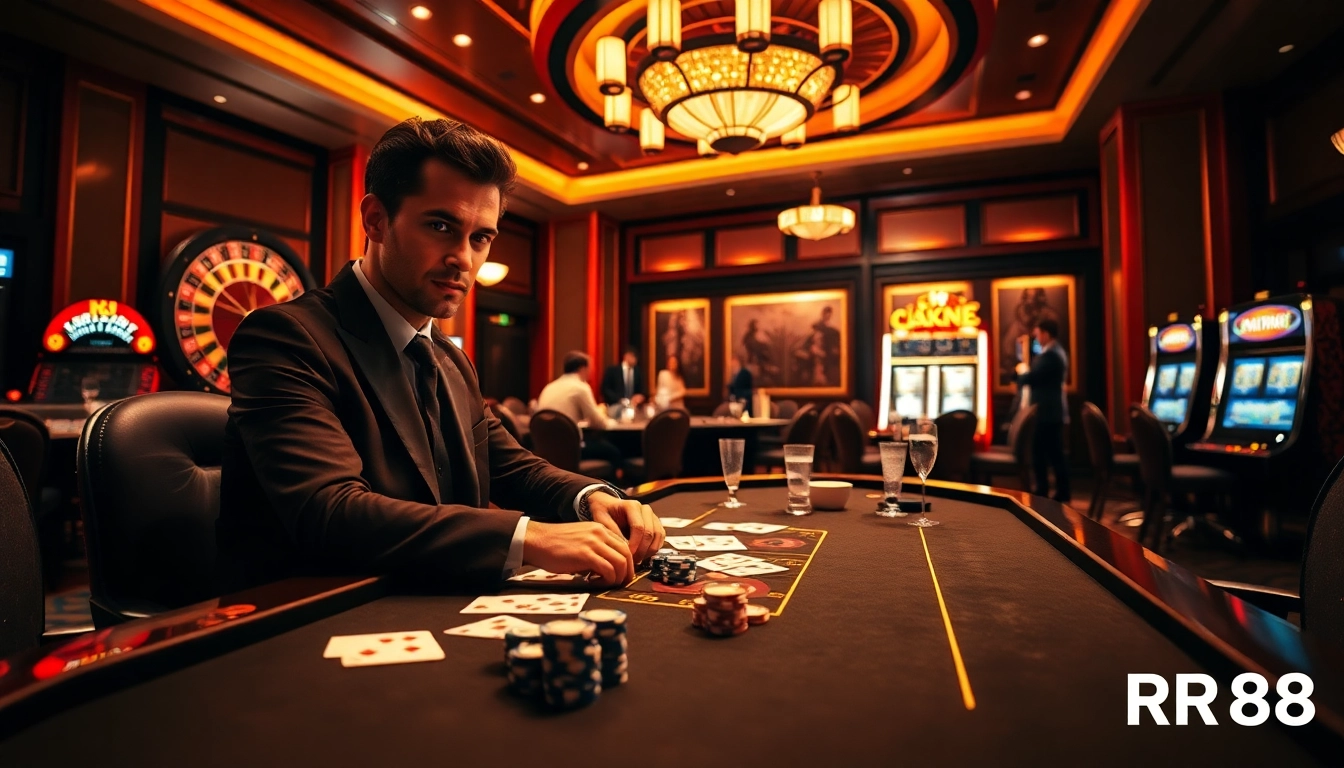 Experience excitement at RR 88 with a captivating casino scene featuring tables and gaming elements.
