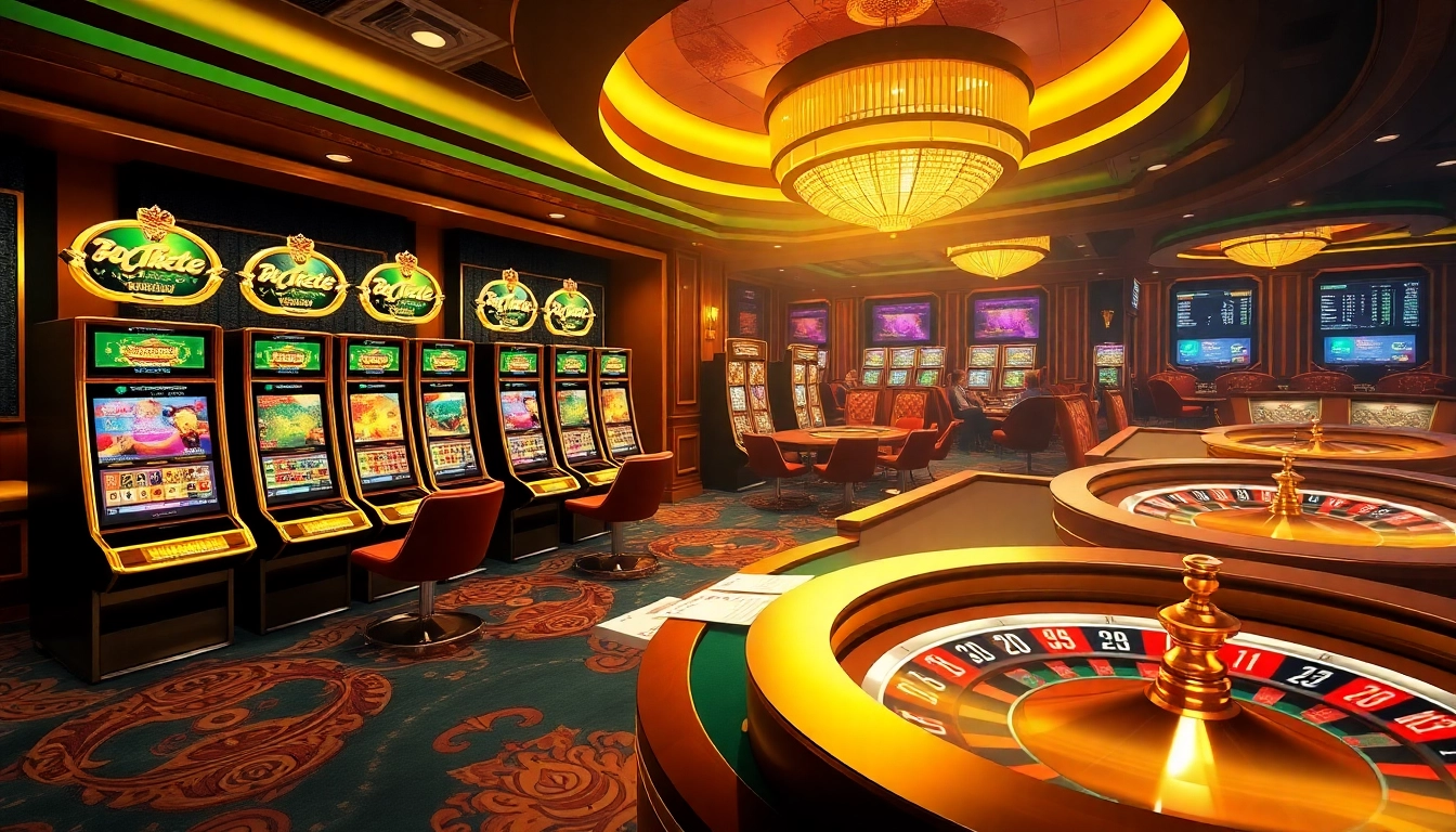 Experience exciting gameplay with max88 through vibrant casino visuals featuring slot machines and poker tables.