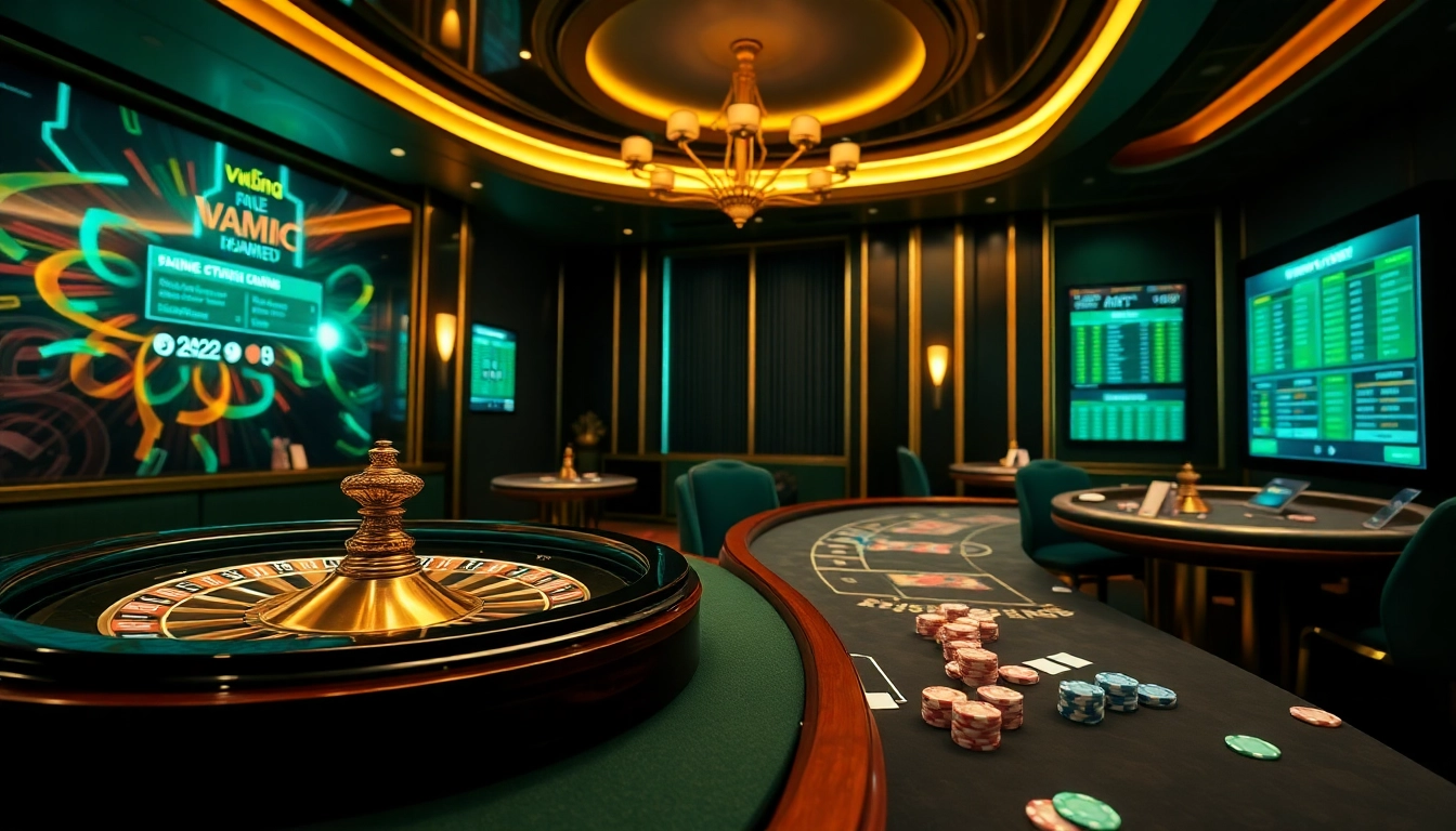 The excitement of betting at https://www.vvjl6.com/ with a luxurious casino backdrop featuring poker chips and roulette.