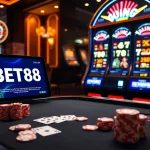 Engage in thrilling gameplay at BET88 with vibrant casino machines and exciting gaming tables.
