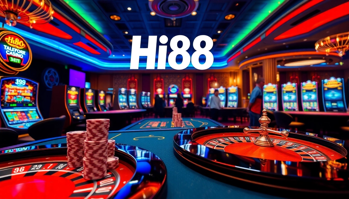 Experience thrilling gameplay at Hi88 with vibrant casino tables and glowing slot machines.