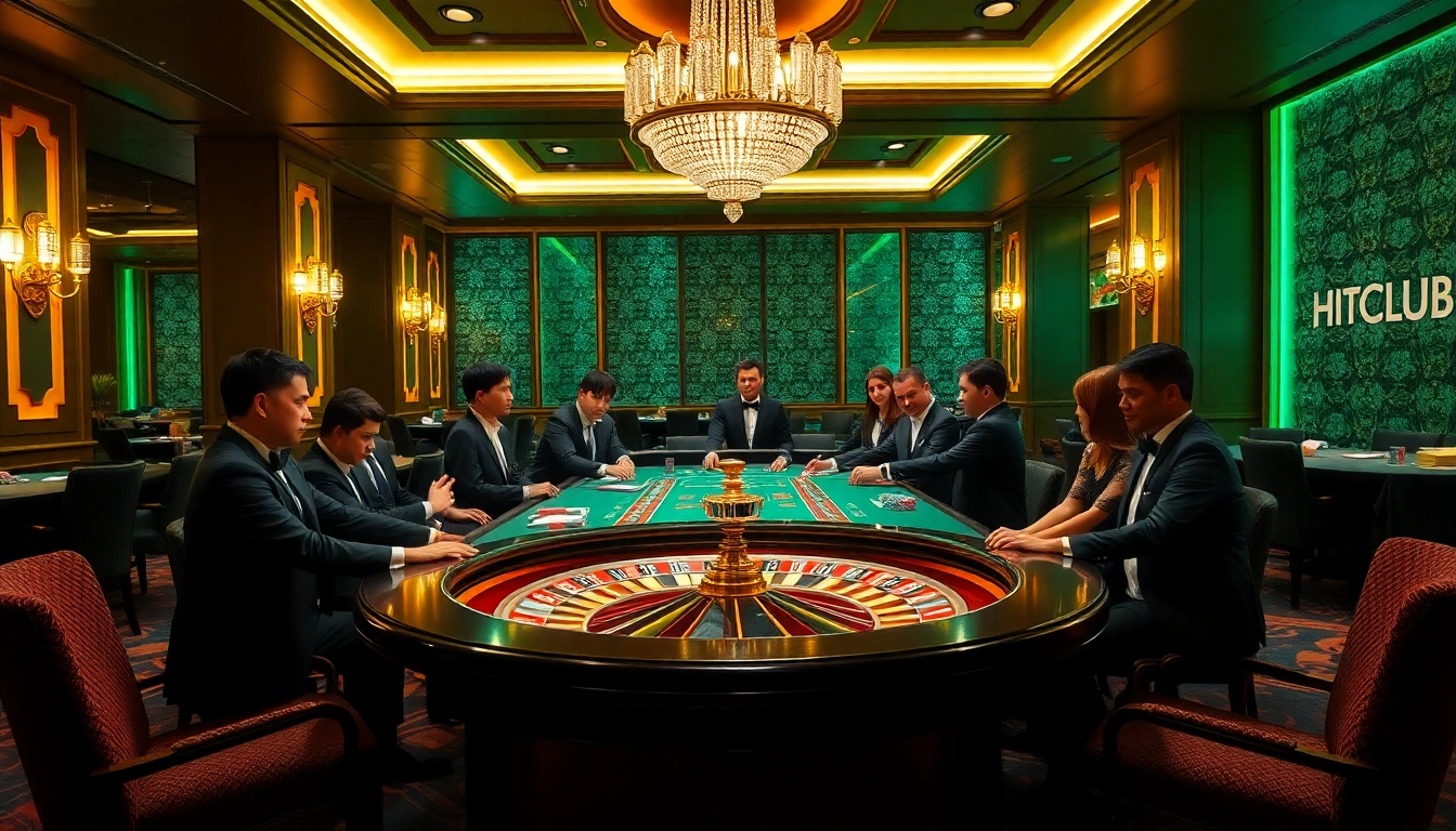 Engaged players betting at the HITCLUB casino poker table, showcasing excitement and luxury.
