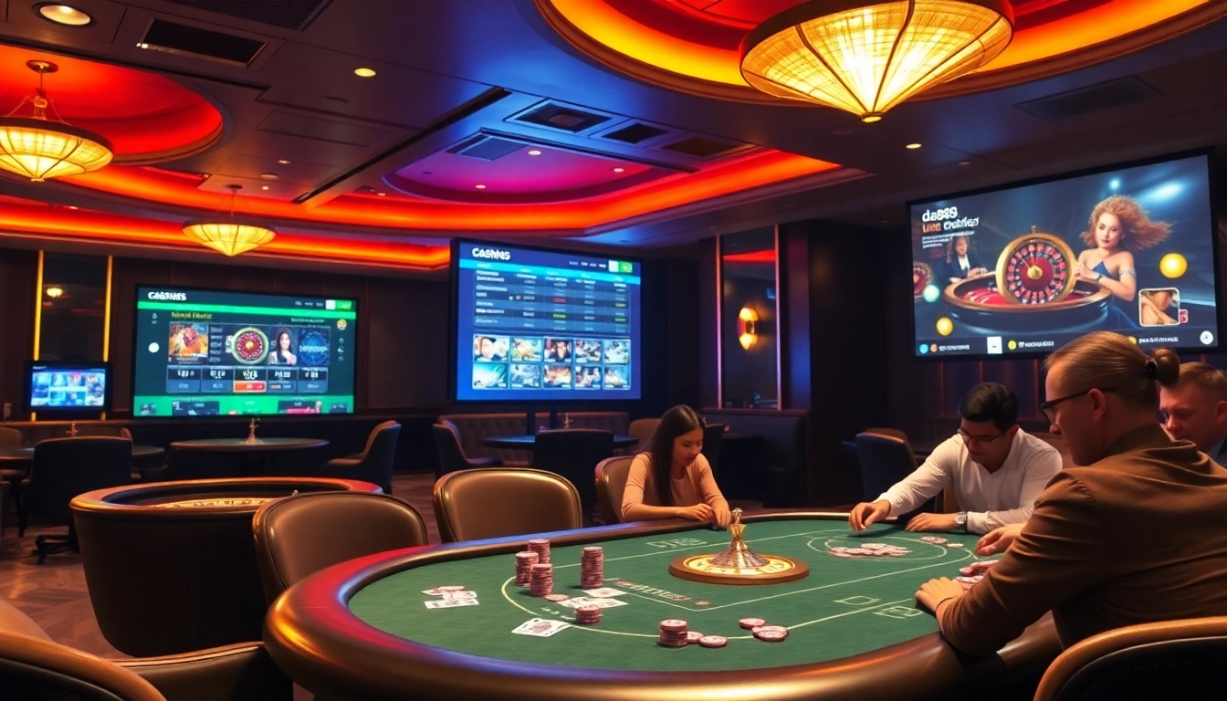 Exciting poker players at a luxury casino table, highlighting da88 for online gaming enthusiasts.