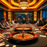 Win79 offers an exciting casino scene with players engaging at a luxury gaming table filled with poker chips and dice.