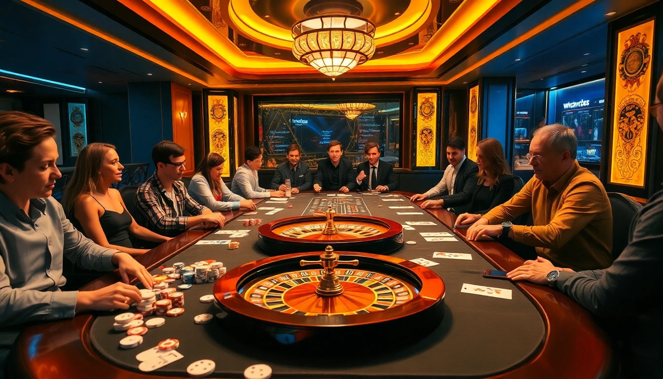 Win79 offers an exciting casino scene with players engaging at a luxury gaming table filled with poker chips and dice.