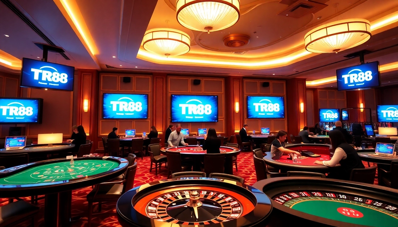 The TR88 online casino showcases an engaging gaming atmosphere with players winning at tables.