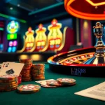 Hi88 casino scene with poker chips, cards, and roulette wheel during an exciting moment.