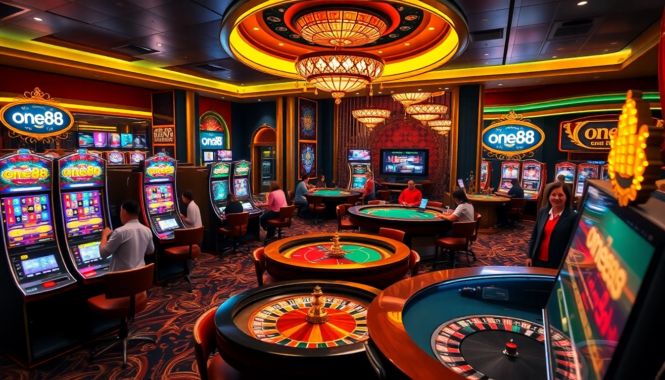 Experience luxury gambling with one88's vibrant online casino showcasing slot machines and poker tables.