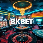 Exciting casino gaming scene highlighting 8KBET's vibrant atmosphere with slot machines and poker tables.