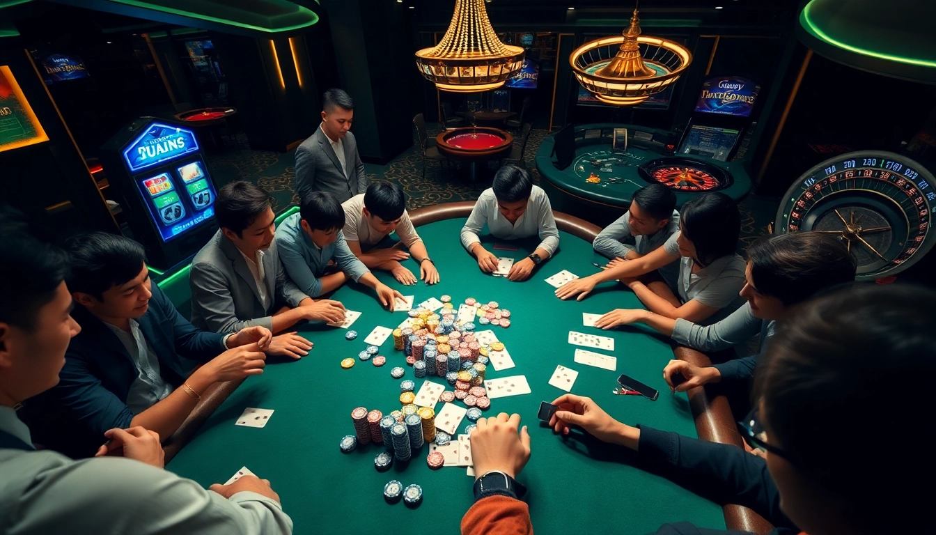 Players enjoying lô đề online at an elegant casino table with vibrant poker chips.