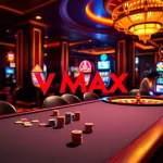 VMAX poker table with colorful chips, roulette wheel, and energetic casino ambiance.