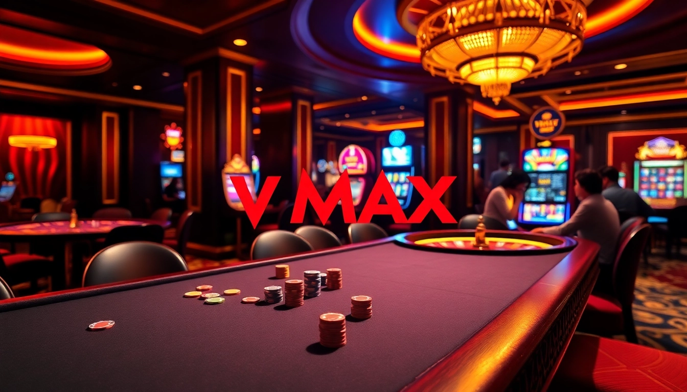 VMAX poker table with colorful chips, roulette wheel, and energetic casino ambiance.