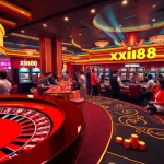 XIN88 casino scene with excited players at poker and roulette tables, vibrant atmosphere.