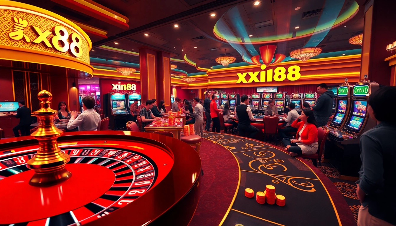 XIN88 casino scene with excited players at poker and roulette tables, vibrant atmosphere.