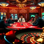 Engaged players at a kwin poker table in a luxurious casino setting.