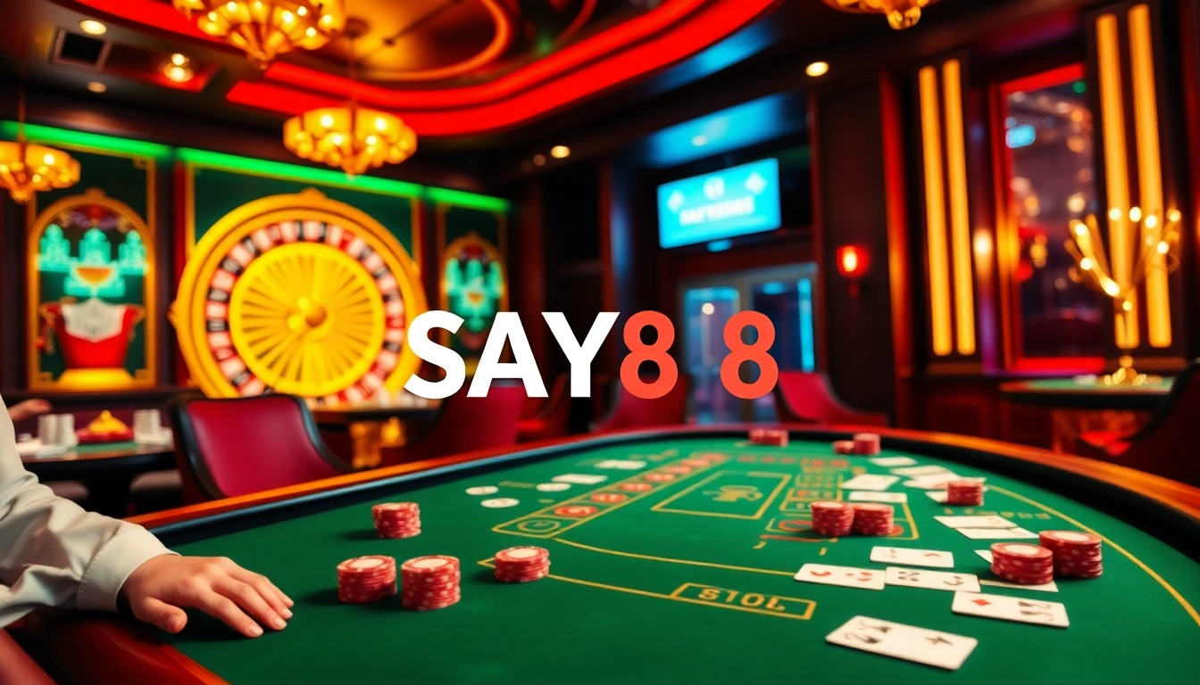 Engaged players at a SAY88 poker table in a luxurious casino setting, featuring bright lights and vibrant decor.