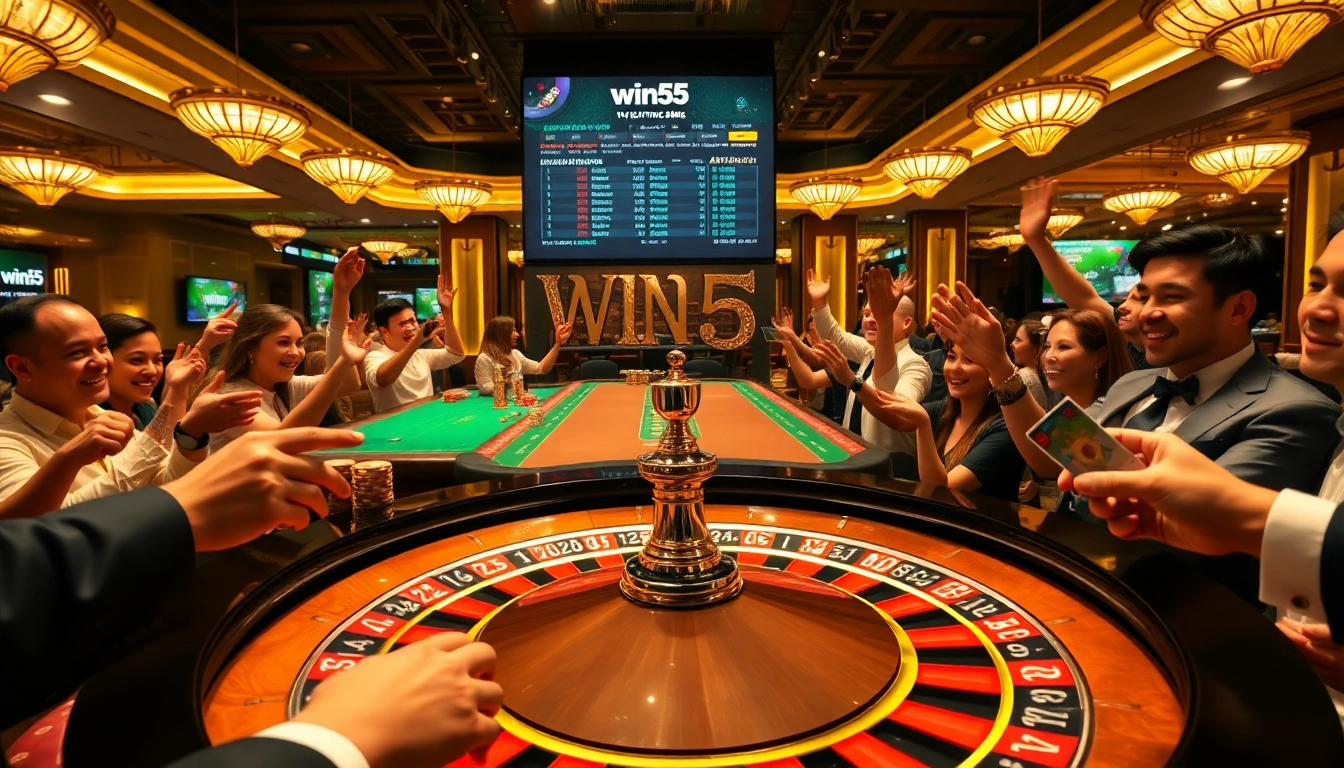 Experience the excitement at win55 with vibrant players celebrating around a roulette table.