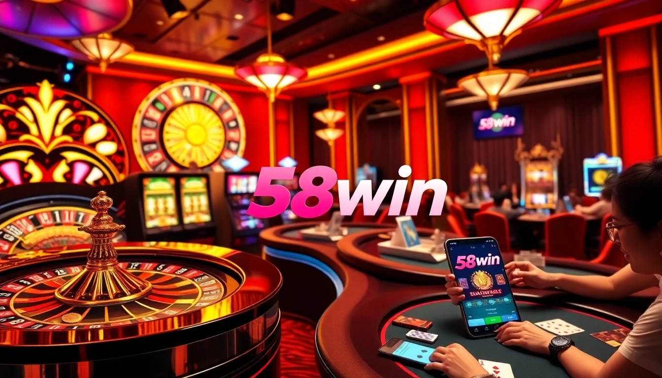 Players engaging in thrilling games at 58win's vibrant online casino with slots and roulette.