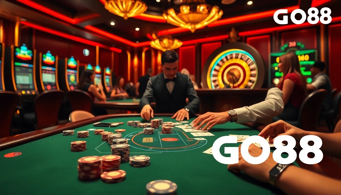 Players enjoying an exciting casino experience at GO88, with poker chips and cards on a lush table.