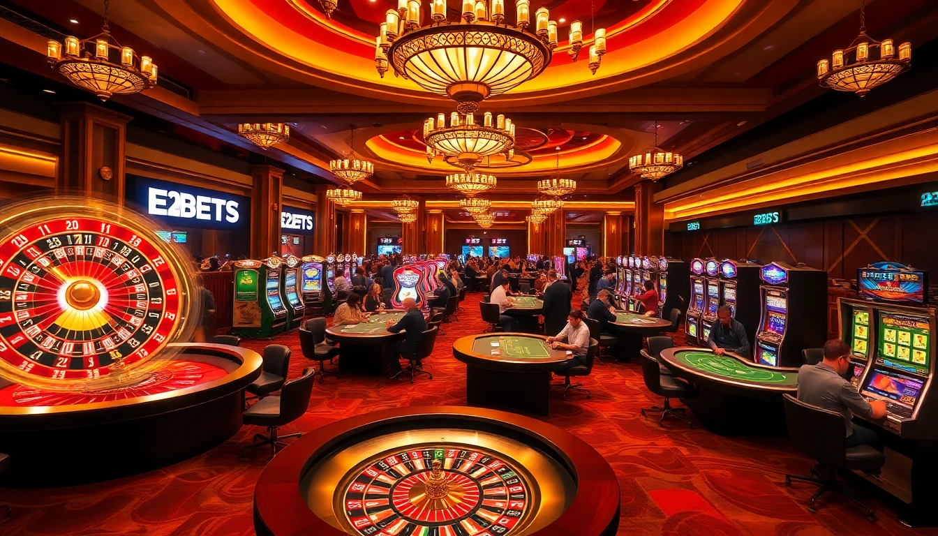 E2BETS players enjoying roulette and poker in a vibrant casino atmosphere with bright lights.