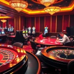 Vibrant casino scene showcasing thrilling betting action at 98win with players, cards, and slot machines.