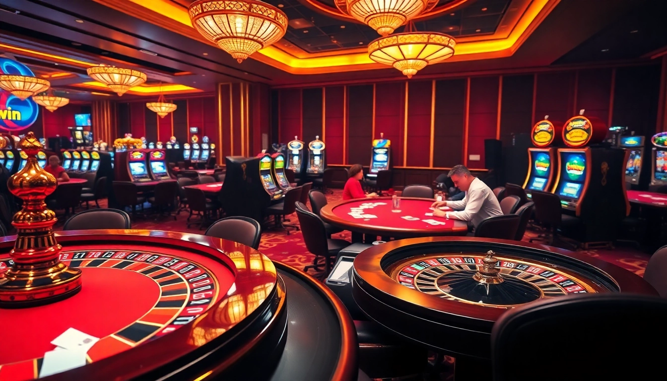 Vibrant casino scene showcasing thrilling betting action at 98win with players, cards, and slot machines.
