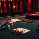 Players engaging with the NK88 mobile app at an elegant casino table filled with vibrant poker chips and cards.