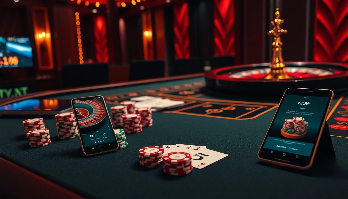 Players engaging with the NK88 mobile app at an elegant casino table filled with vibrant poker chips and cards.