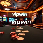 Experience the thrill of vipwin at a luxurious casino with poker, chips, and slot machines.