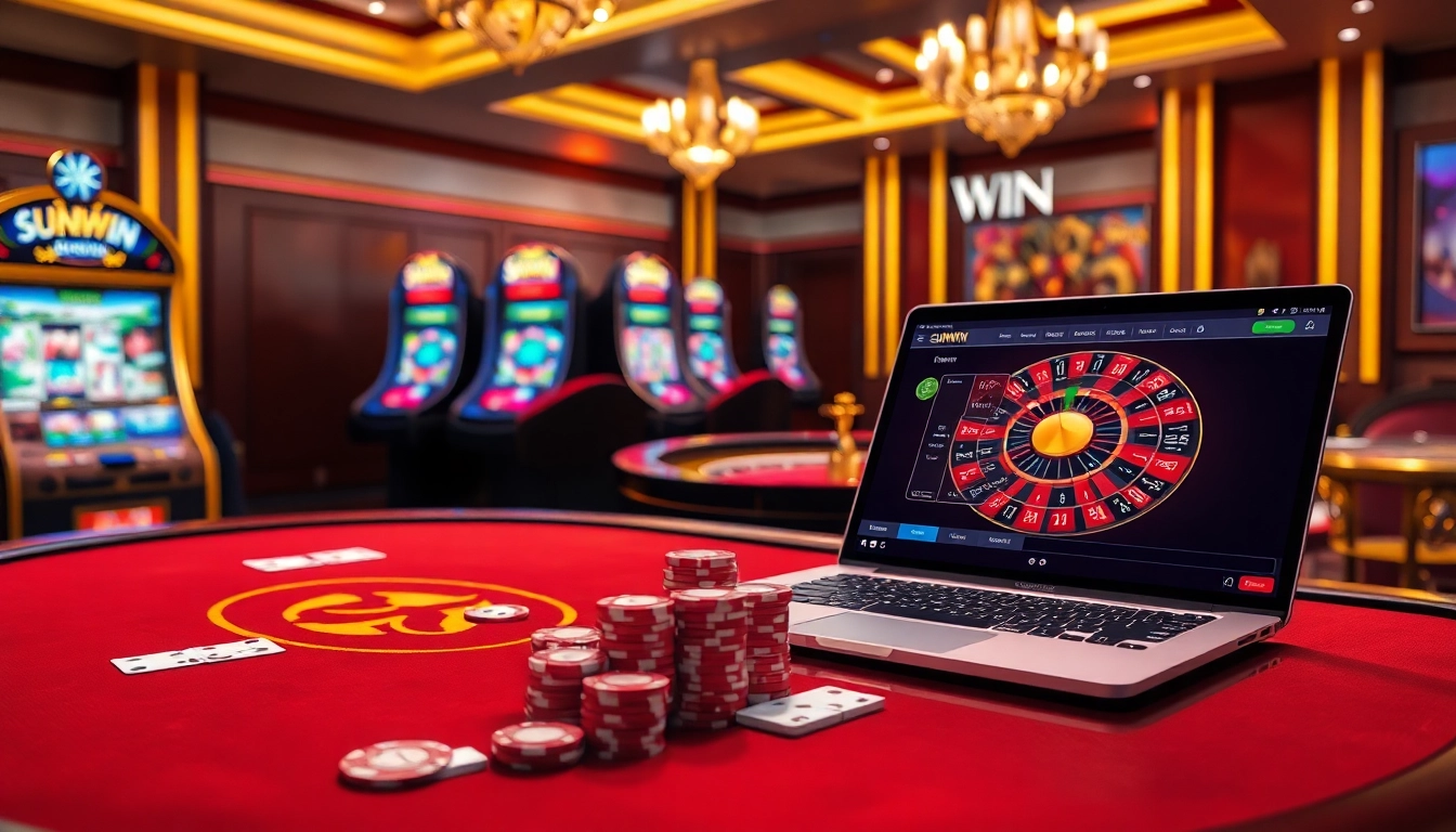 Engage in thrilling gambling at SUNWIN's luxurious poker table with vibrant slot machines.